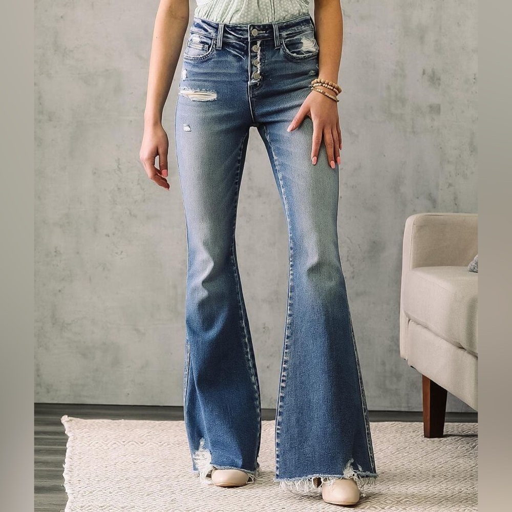 NWOT Flying Monkey Women's High-Rise Distressed Blue Flare Jeans